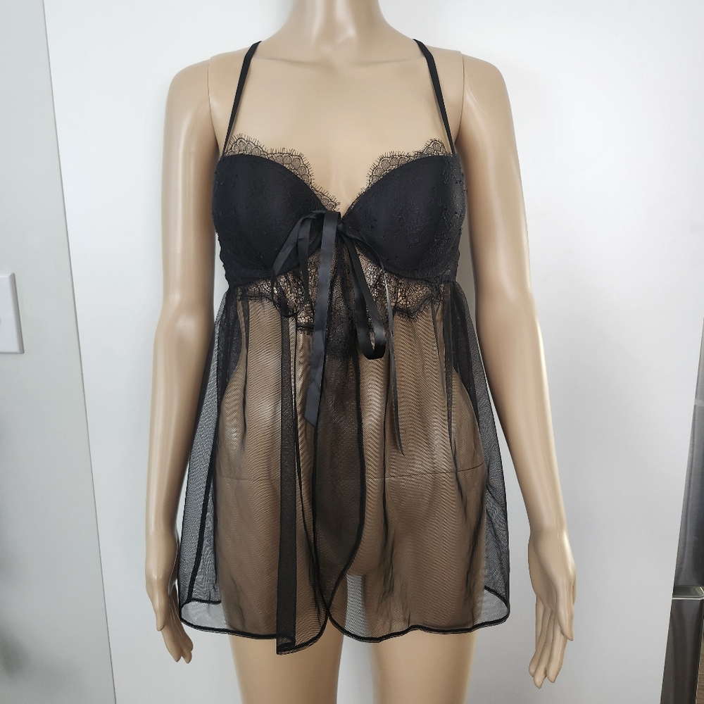 VICTORIA'S SECRET Black Sheer Lace Babydoll Lingerie Wired Size 36B
